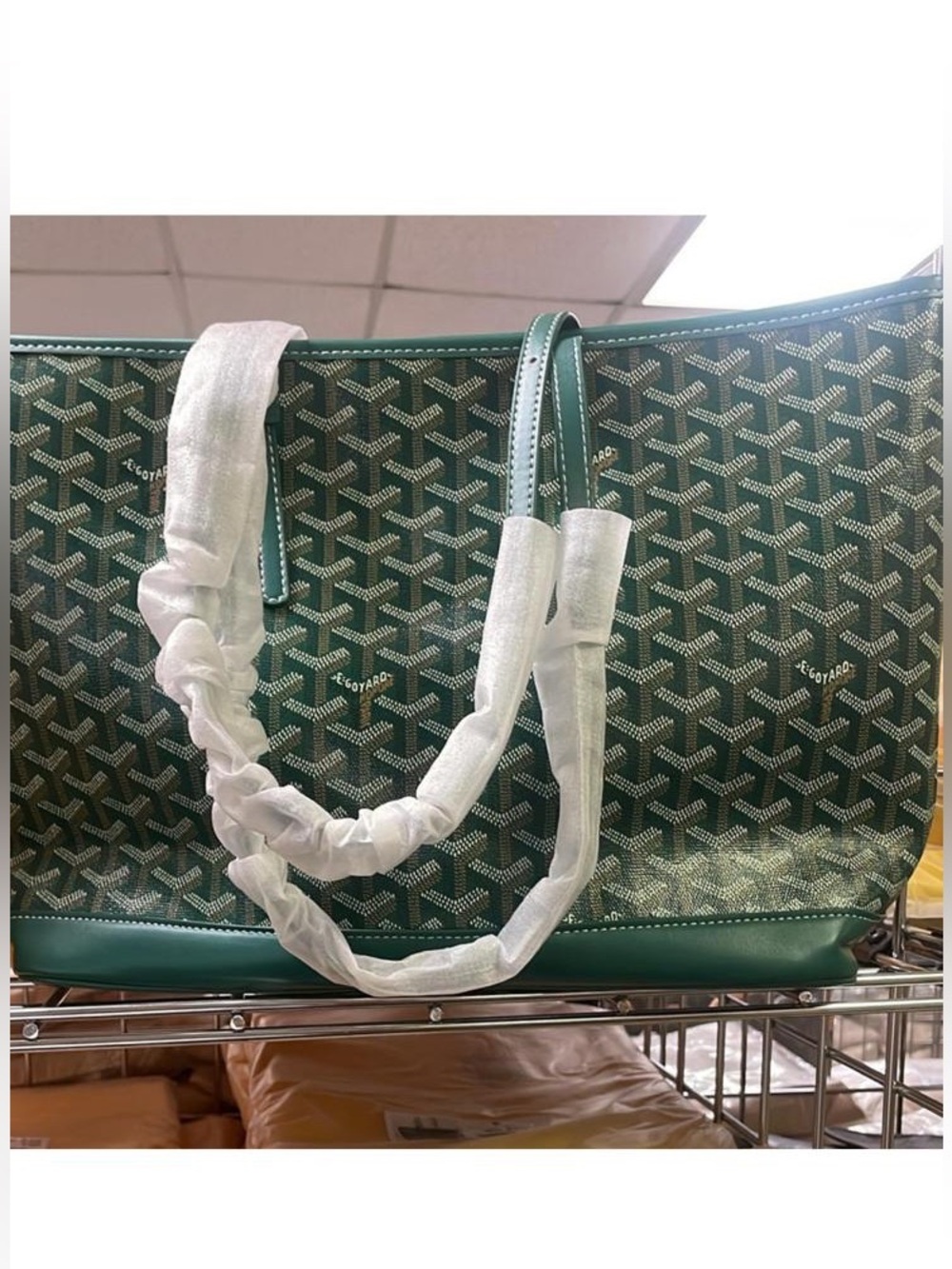 Green Patterned Tote Bag with Leather Trim